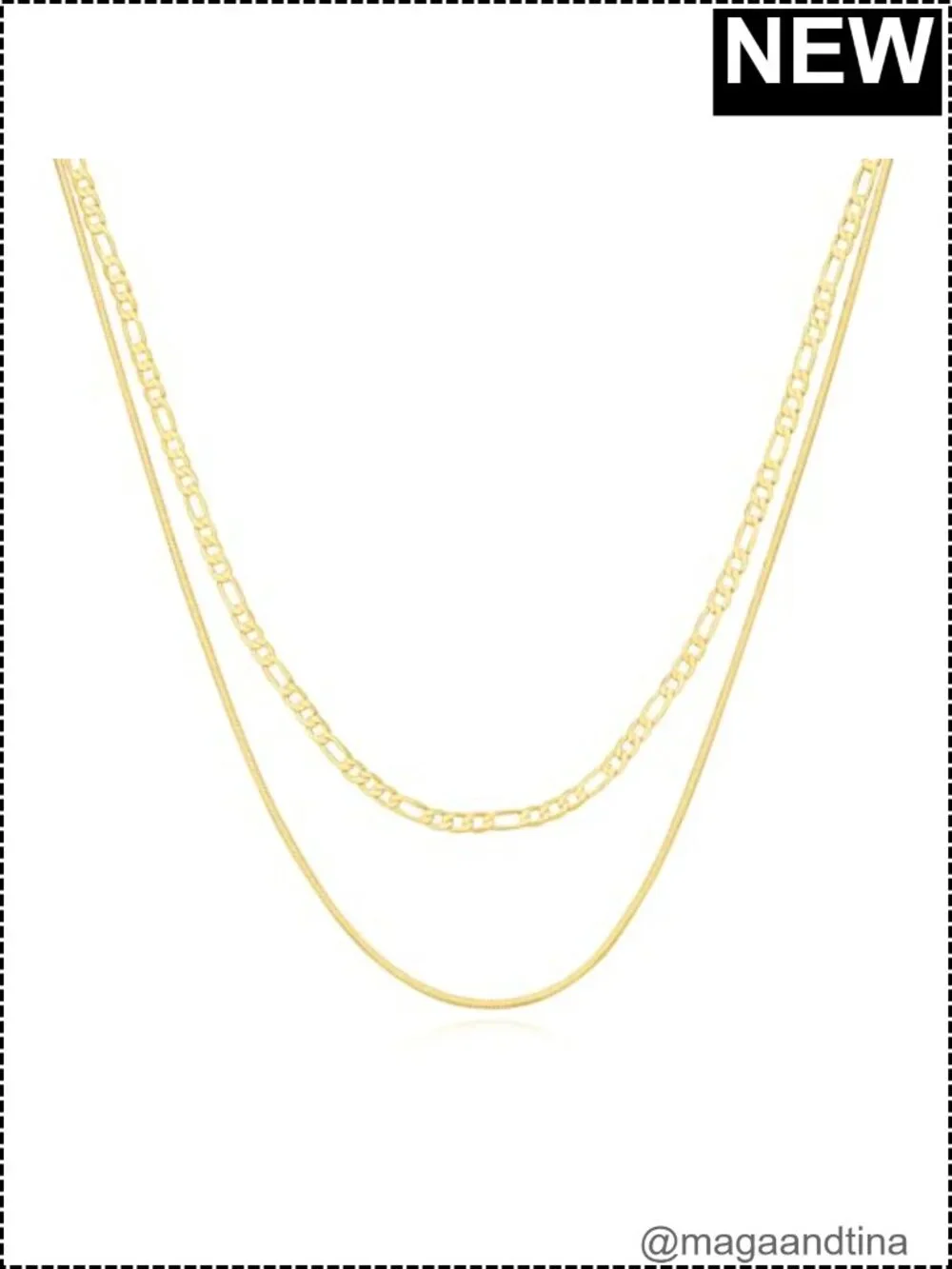 14K Gold Plated Layered Snake & Figaro Chain Necklace Set for Women